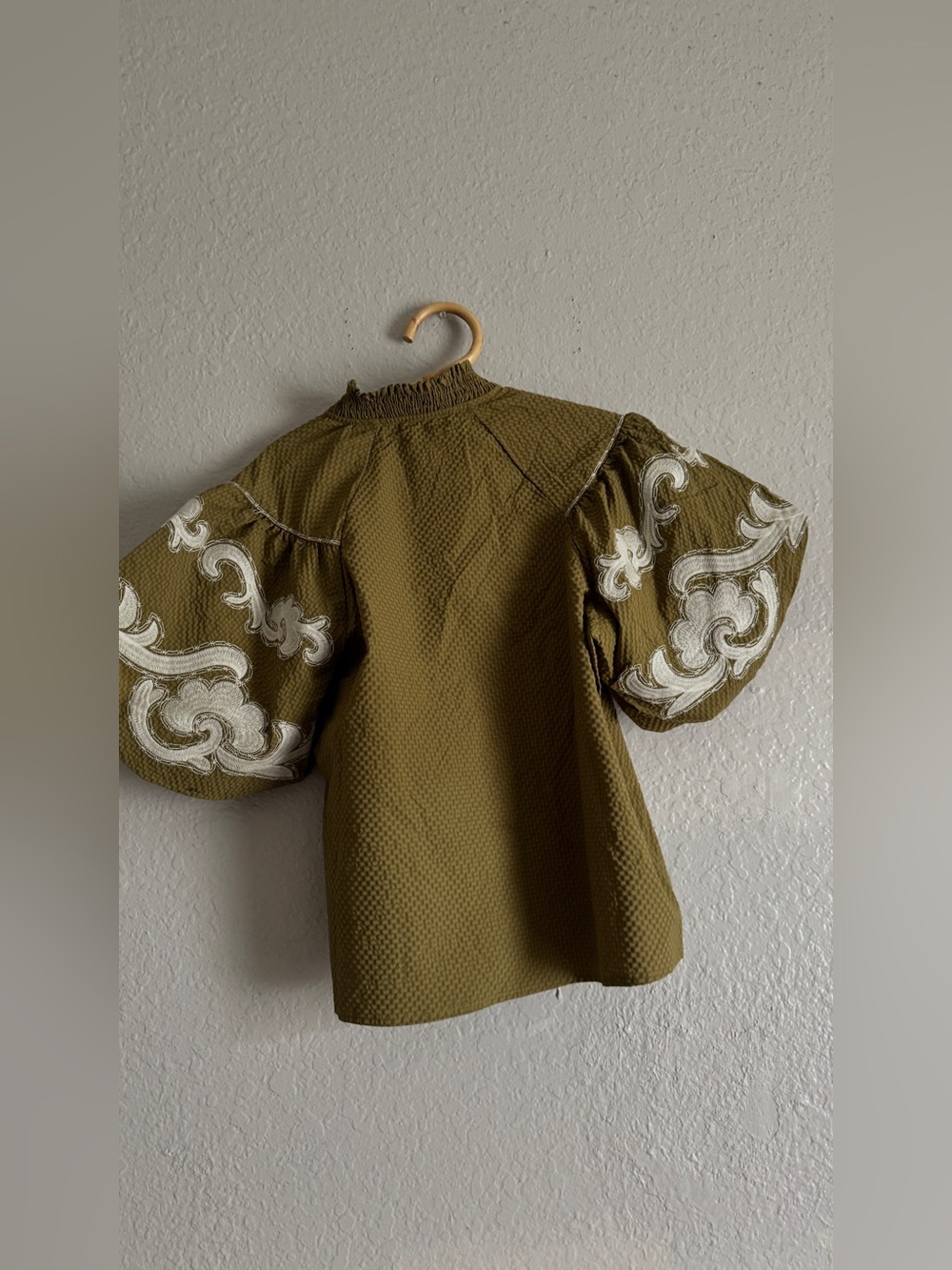 THML Olive Green Puff Sleeve Embroidered Blouse with Cream Applique - Picture 3 of 3
